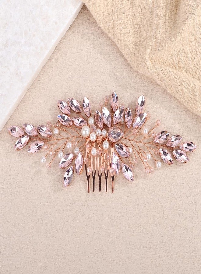 Rumtock Pink Crystal Hair Comb with Pearl Side Headpiece for Wedding Brides Women Handmade Jewelry (Pink) - Image 1